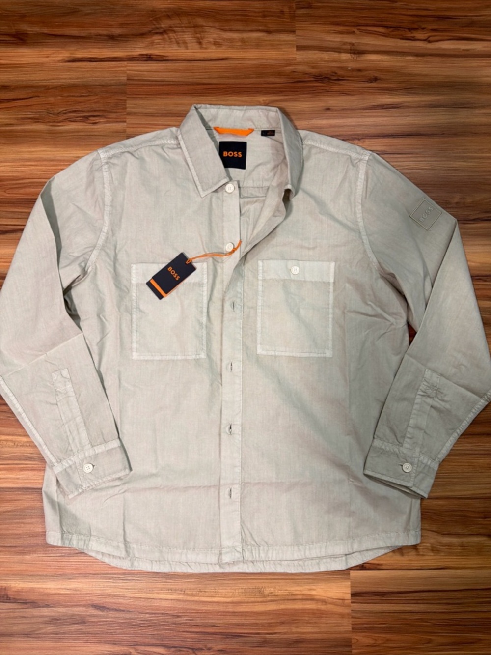 BOSS Men's Beige Button-Down Casual Shirt jacket with Chest Pockets